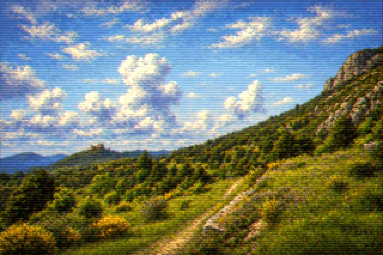 Wiesenweg in den Hügeln im Pixel-Look